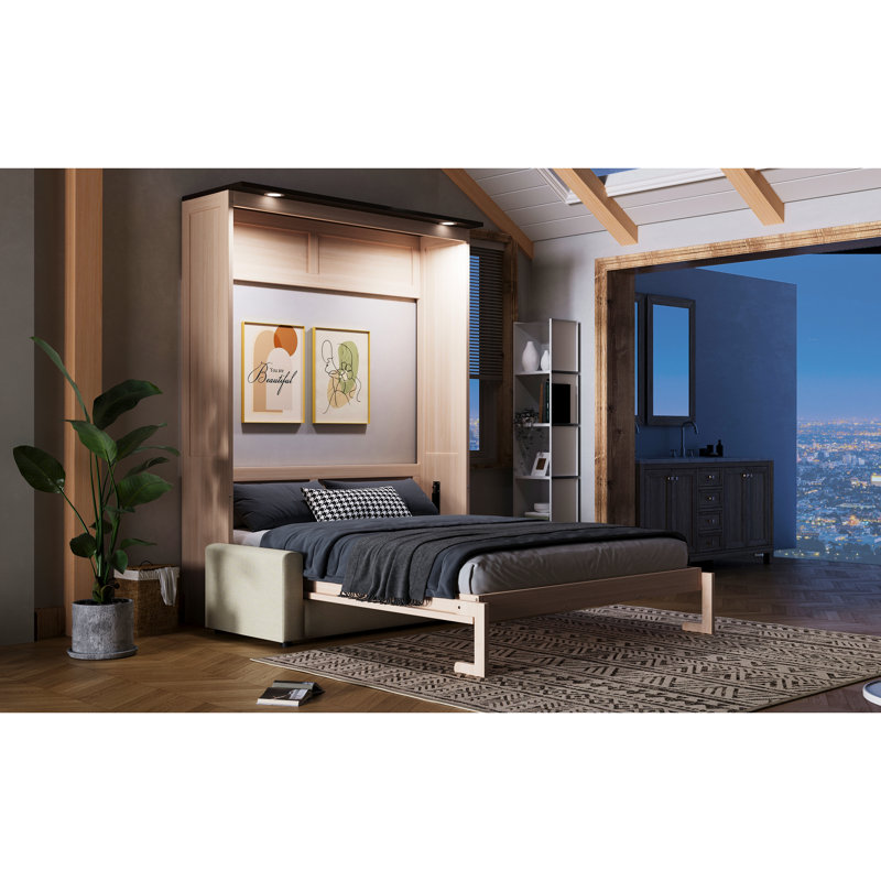Beige Led - Grand lit orné avec, confortable pour se détendre tard dans la nuit, pin et DEL, rangement facile à plier, structure en bois