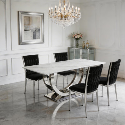 69.3" Modern Minimalist Rectangle Dining Table Set For 4, Kitchen Table With Tufted Chairs, Ideal For Small Dining Room & Open Kitchen, Silver+White Table, Black Chairs