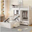Lit superposé simple avec tiroirs, garde-robe, tablettes de rangement et lit hydraulique, blanc
