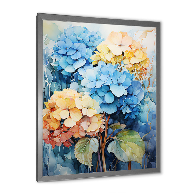 Hydrangea Blooms en bleu et jaune, reproduction sur toile, Cadre photo argenté, H 32 po x l 24 po x P 1 po