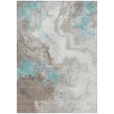 Machine Washable Indoor/Outdoor Xhevrie Teal Rug