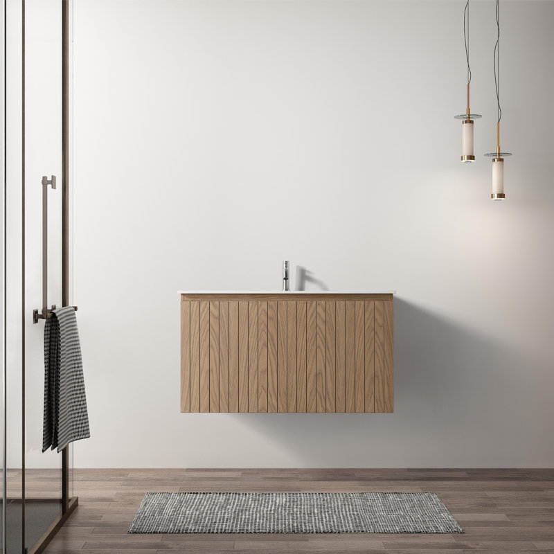 Capot - 5N 36,00 po L 19,80 po P 20,00 po Meuble-lavabo mural H en bois naturel avec lavabo simple blanc