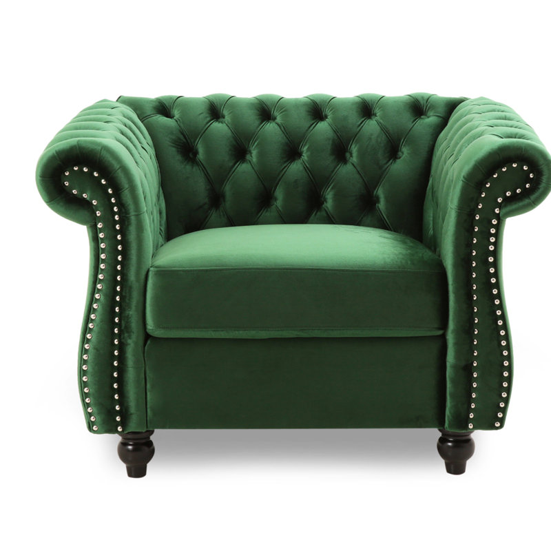 Camberley 39.5" Wide Tufted Chesterfield Club Chair with Scrolled Arms, Nailhead Trim, and Turned Legs, Emerald Velvet