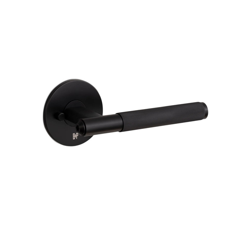Linear Knurl Round Privacy (Bed & Bath) Door Lever with Round Rosette, Welders Black