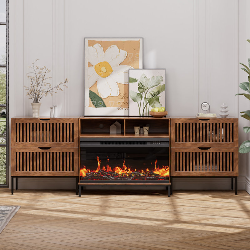 3-sided Glass Farmhouse Fireplace Tv Stand For Tvs Up To 100 Inch, Entertainment Center With 36" Electric Fireplace, 4 Drawers Storage