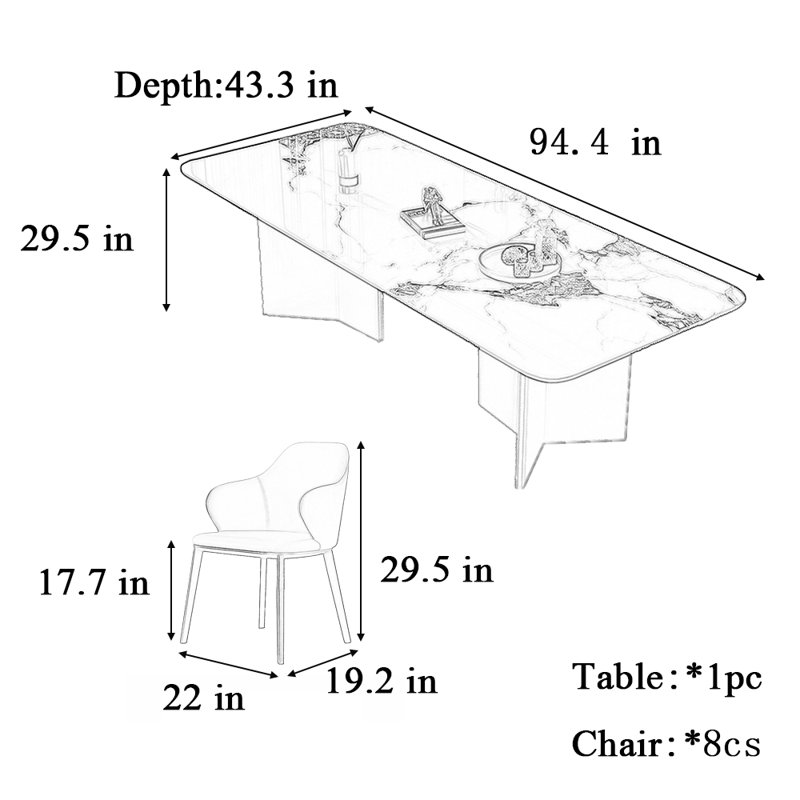 Combinaison de chaise de table haut de gamme légère et luxueuse, H 29,5 po x L 94,4 po x l 43,3 po