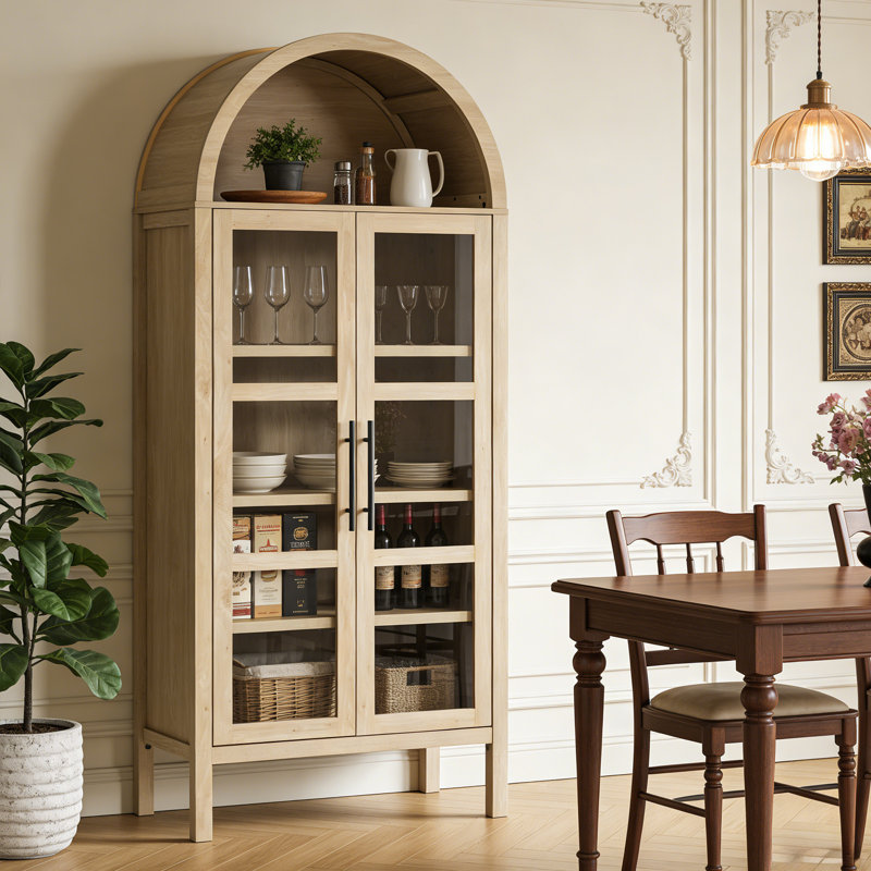 72 Inch Tall Rustic Arched Cabinet Display Cabinet, Wood Kitchen Pantry Cupboard, 2 Arched Glass Doors,  With Storage And Adjustable Shelves For Dining Room, Living Room