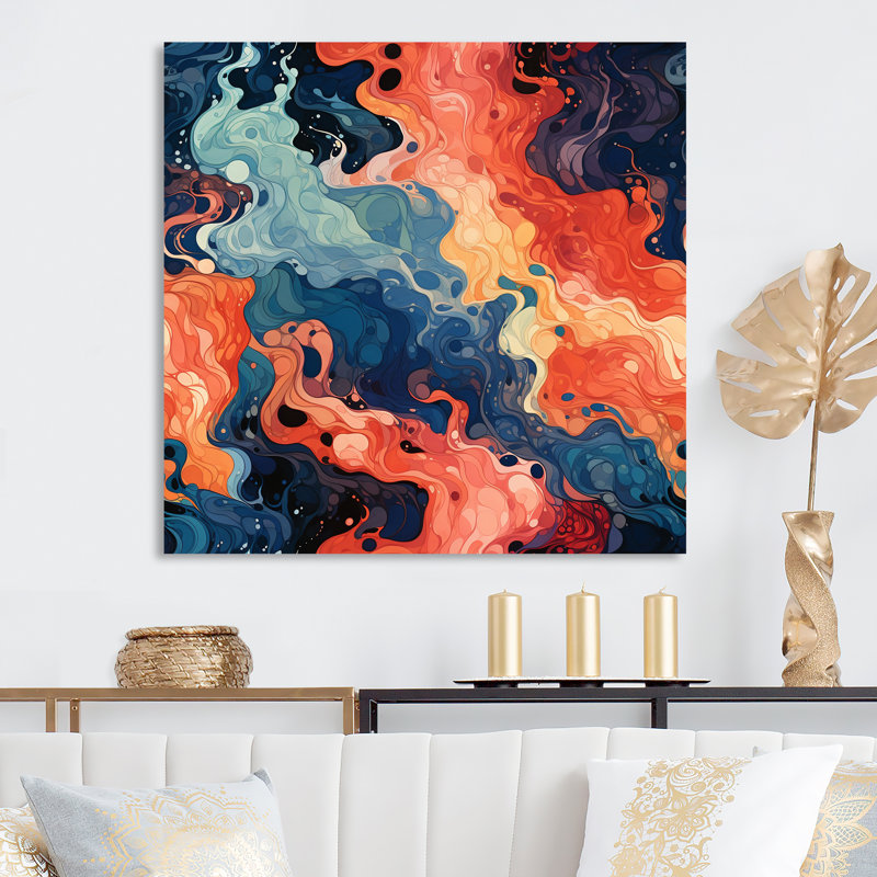 Blue And Orange Liquid Ink River I - Liquid Ink Abstract Metal Wall Art, 36" H x 36" W