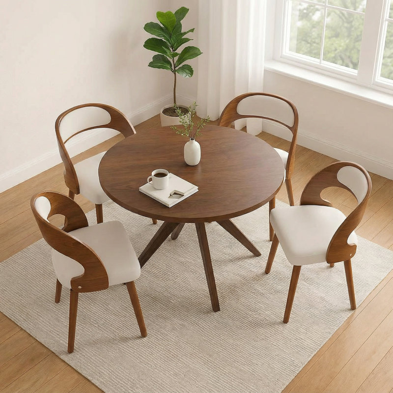 47.2-inch Round Wooden Dining Table with 4 Upholstered Chairs Set (Seats 4-6), Mid-Century Style Dining Table, Base-Style Dining Table Set Suitable for Kitchens and Dining Rooms