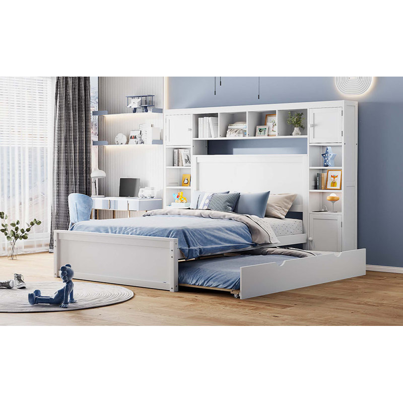 Brython Bookcase Storage 2 Drawers Platform Bed with Trundle, Queen, White