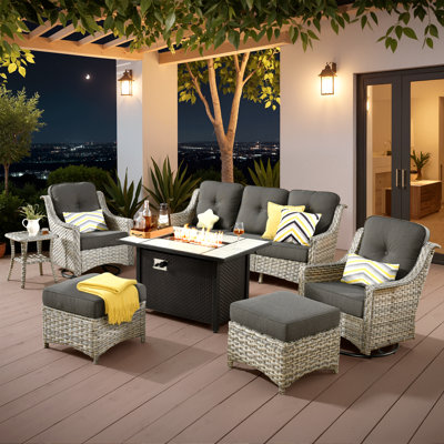 Harper Outdoor 7 Piece Patio Furniture With Fire Pit Table,wicker Conversation Set With Swivel Chairs, Comfy Deep Sofa With Ottoman For Outside Porch Balcony Backyard Pool