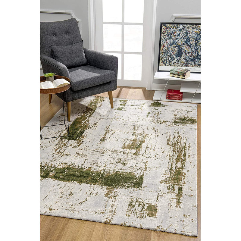 8' X 10' Green and Ivory Abstract Distressed Area Rug, Rectangle 4' x 6'