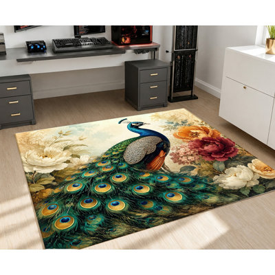 Tapis vintage à motif floral et paon, design réaliste d'oiseau, lavable en machine et antidérapant, décoration intérieure élégante pour salon, chambre, entrée, cuisine, balcon