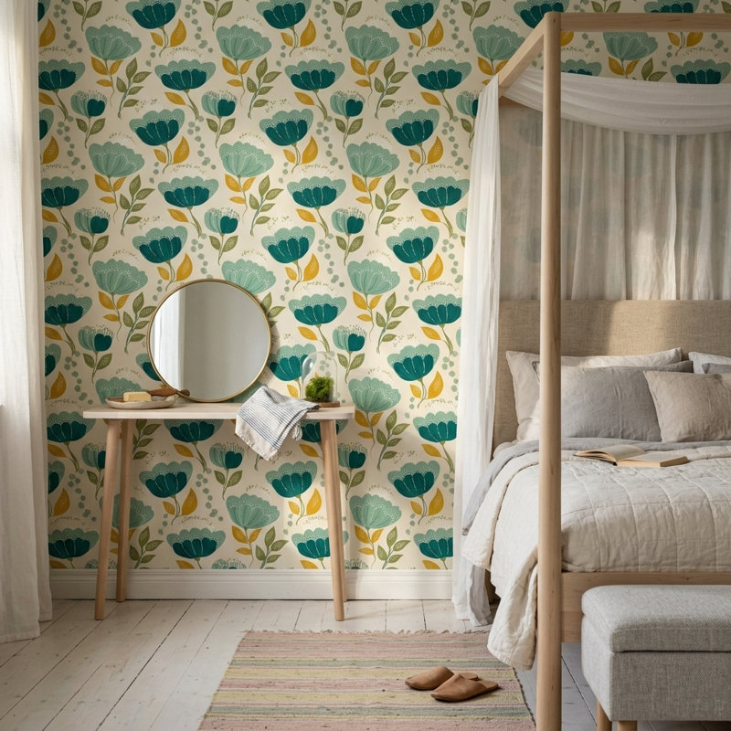 Papier peint botanique scandinave amovible, Texturé non collé