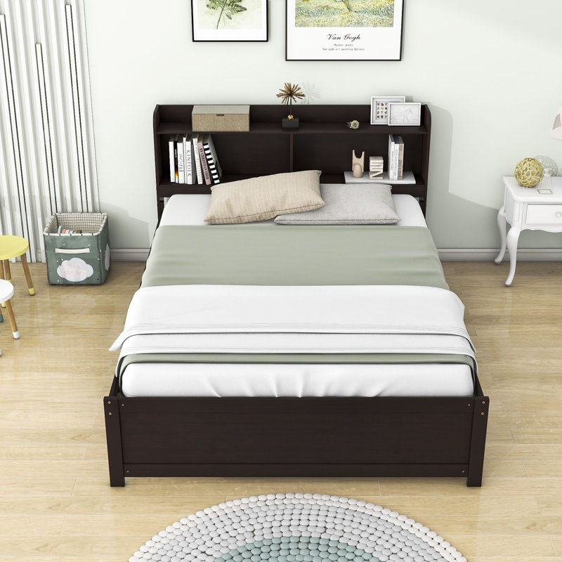 Lit plateforme en bois avec lit gigogne simple et rangement Halvorsen, Espresso
