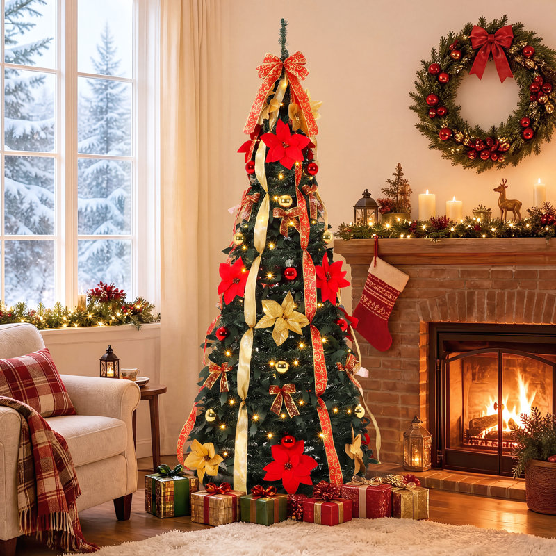 Sapin de Noël artificiel pliable pré-illuminé de 1,80 m avec 200 lumières DEL blanc chaud, 8 modes d'éclairage et décorations rouges et dorées