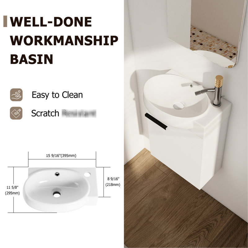 Petit meuble-lavabo mural pour salle de bain compacte avec poignée en métal, Blanc brillant
