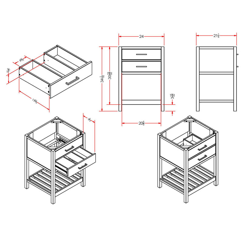 Harrison 24"W Modern Shaker Soft Close Doors Vanity Cabinet With Drawers And Open Storage Shelf