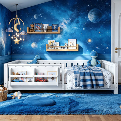 Twin/Full/Queen Size Toddler Bed with Built-in Bookshelf and Safety Guardrail,Solid Pine Wood Low Floor Beds for Toddler and Kids, No Box Spring Needed,Montessori educational philosophy,White/Beige/Gray/Light Natural/Blue.