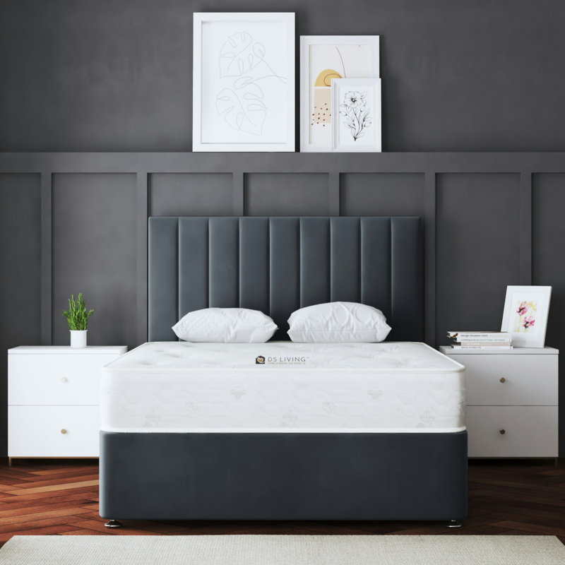  Upholstered Panel 2 Draw Divan Bed with Headboard, Grey, Double (4'6)