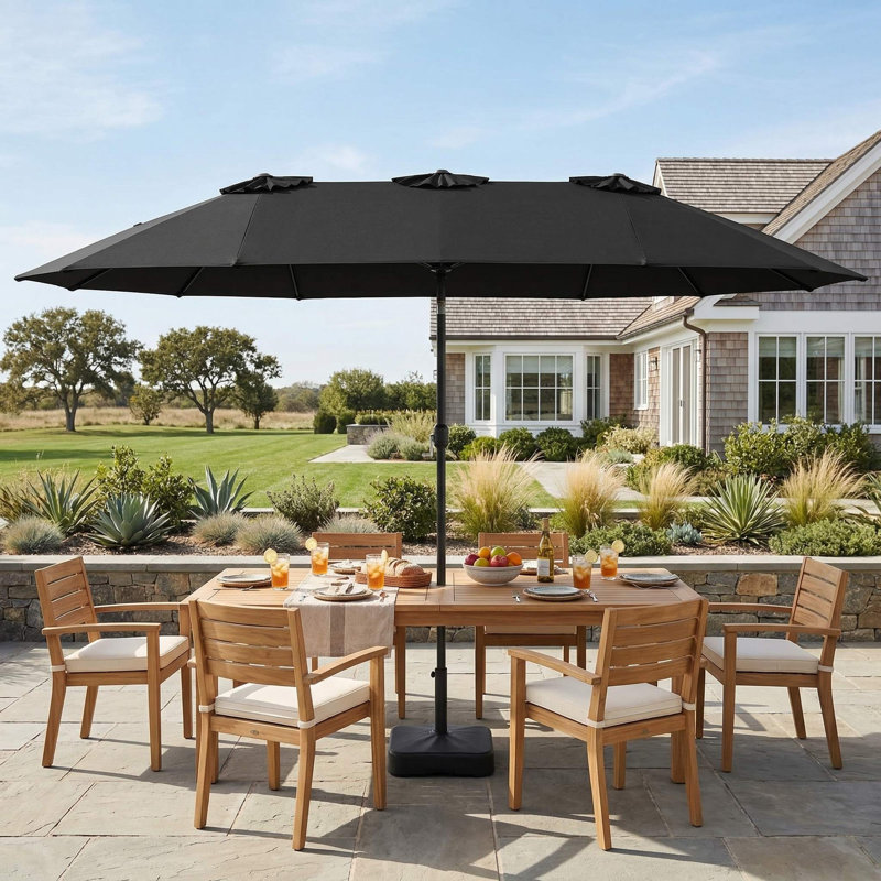 Parasol de patio simple à double face résistant aux intempéries de 15 pieds avec manivelle et base pour une utilisation dans la cour arrière au bord de la piscine
