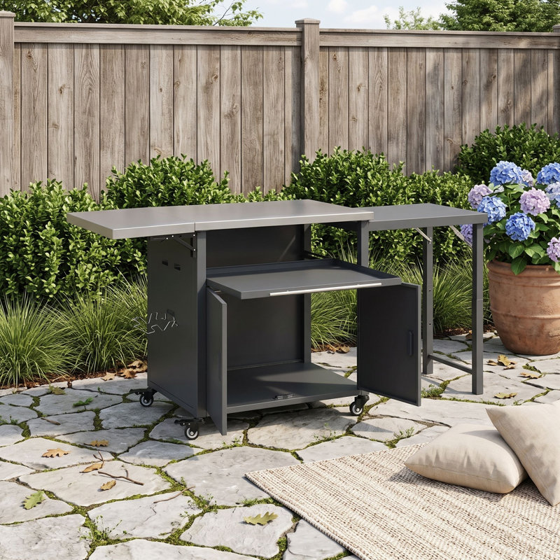 Chariot de barbecue pliable pour îlot de cuisine pour l'extérieur avec plateau en acier inoxydable, support à déchets, grand rangement et roues verrouillables