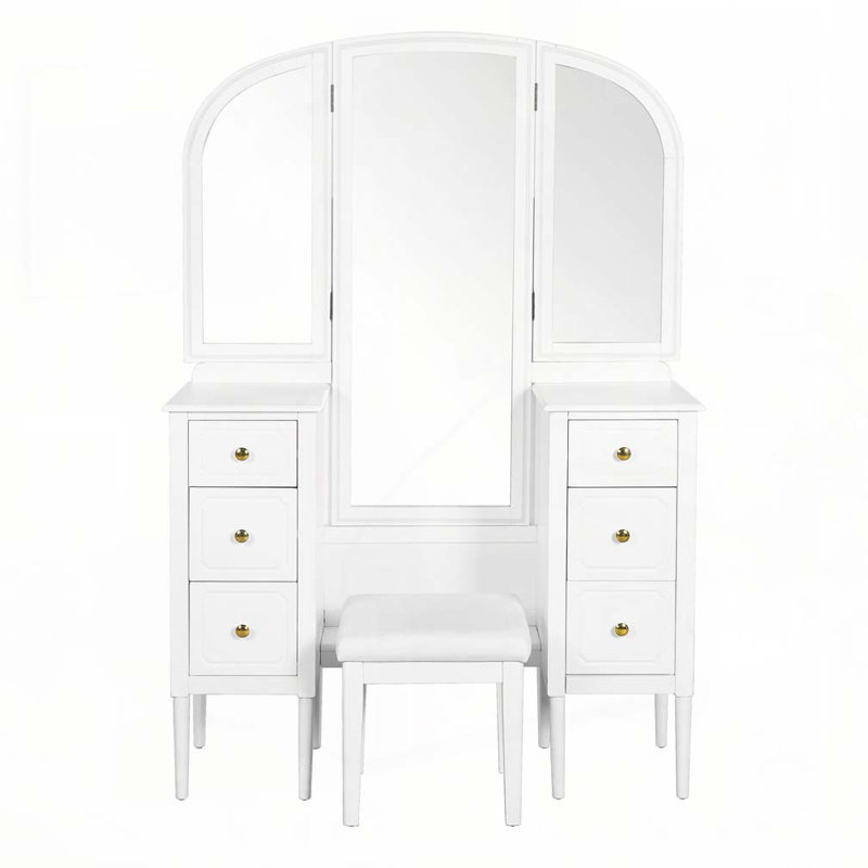 Antique Makeup Vanity Desk with Triple Mirror, 6-Drawer Dressing Table Set Including Stool, Full Length Mirror for Bedroom Dressing Room, White