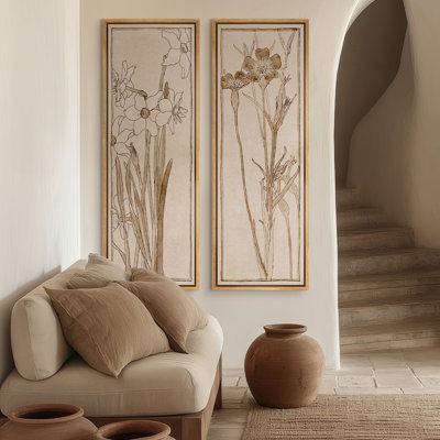 «Vintage Botanical Line Art Floral Panels», ensemble de 2 reproductions d'art encadrées sur toile 60 po x 20 po x 2 pièces