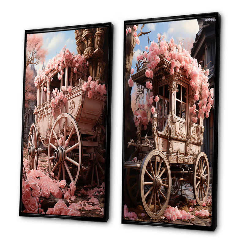 Romantisme, charriot de mariage rose, H 28 po x l 25 po, Cadre flottant noir