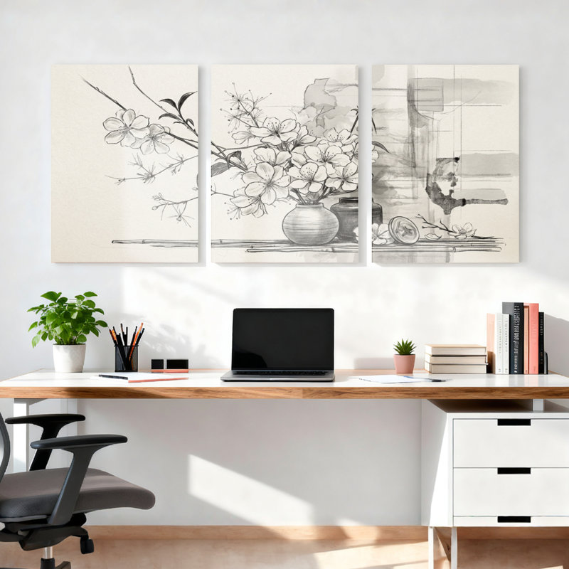 Ensemble de 3 tableaux sur toile représentant des fleurs de cerisier et du bambou, pour la décoration du salon et de la chambre.