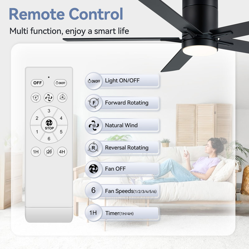 Jayceyon 52'' Large Flush Mount Ceiling Fan With Led Lights and Remote, Quiet Reversible DC Motor, 5 wood Blades Low Profile, Timer, for Indoor/Covered Outdoor Use