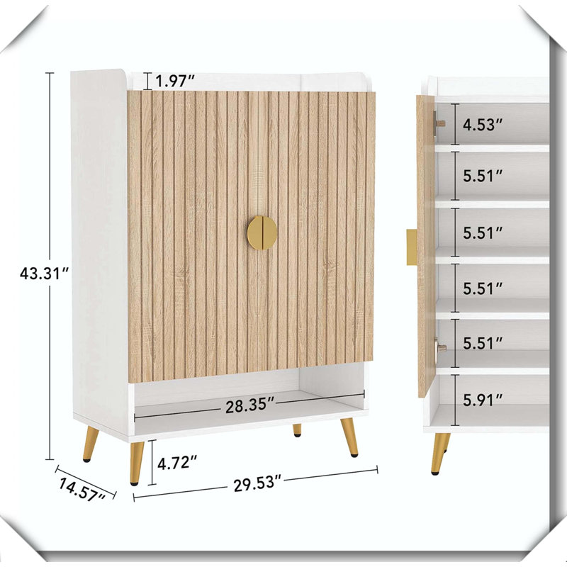 7-Tier Wooden Shoe Cabinet Hidden Storage Space Saving, Natural/Gold