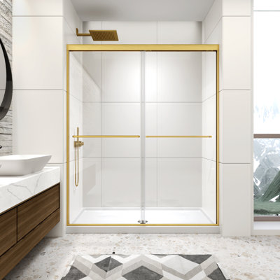 Porte de douche à double cadre coulissante de 56 à 60 po x H 70 po avec porte en verre trempé transparent de 1/4 po (6 mm), 2 barres à serviettes pour la salle de bain, portes de douche à finition dorée brossée, installation réversible