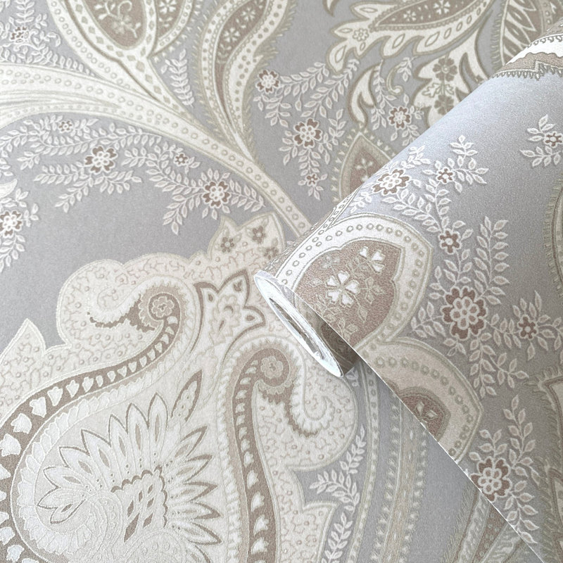 Elegance Collection Paisley Design Pearlescent Finish Wallpaper Roll, Silver