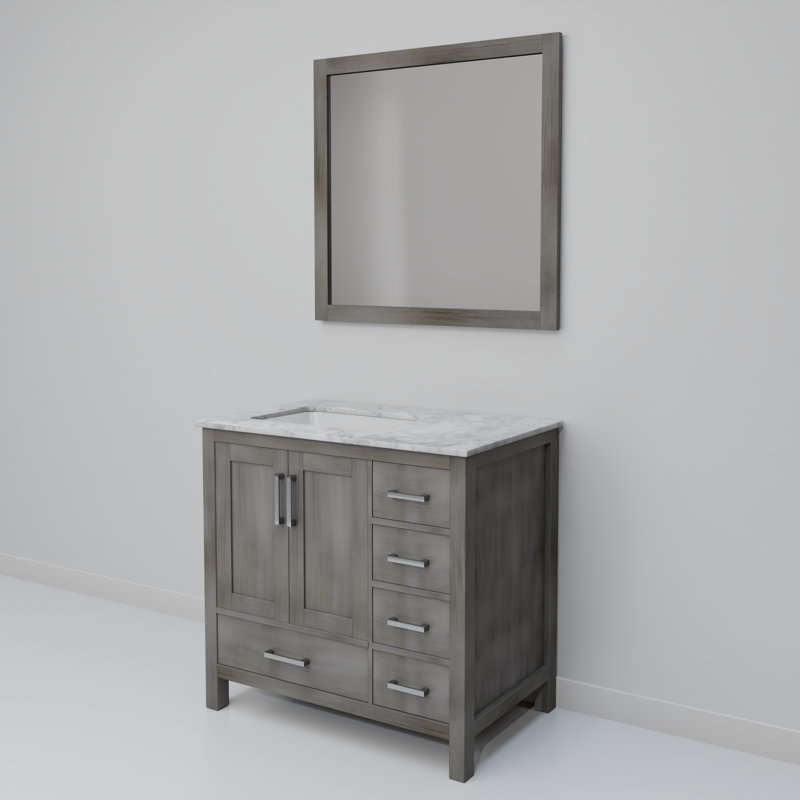 Jacques 36 in. W x 22 in. D Left Offset Bath Vanity and 34 in. Mirror, Distressed Gray, White Carrara Marble