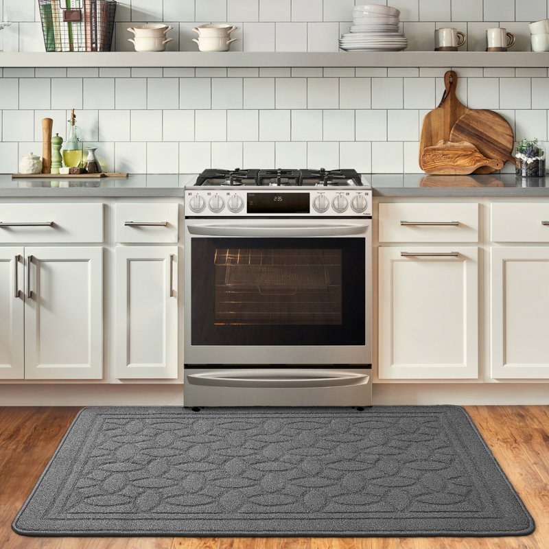 Floral Water Resistant Non-Skid Kitchen Mat, Gray, Runner 2' x 4'11"