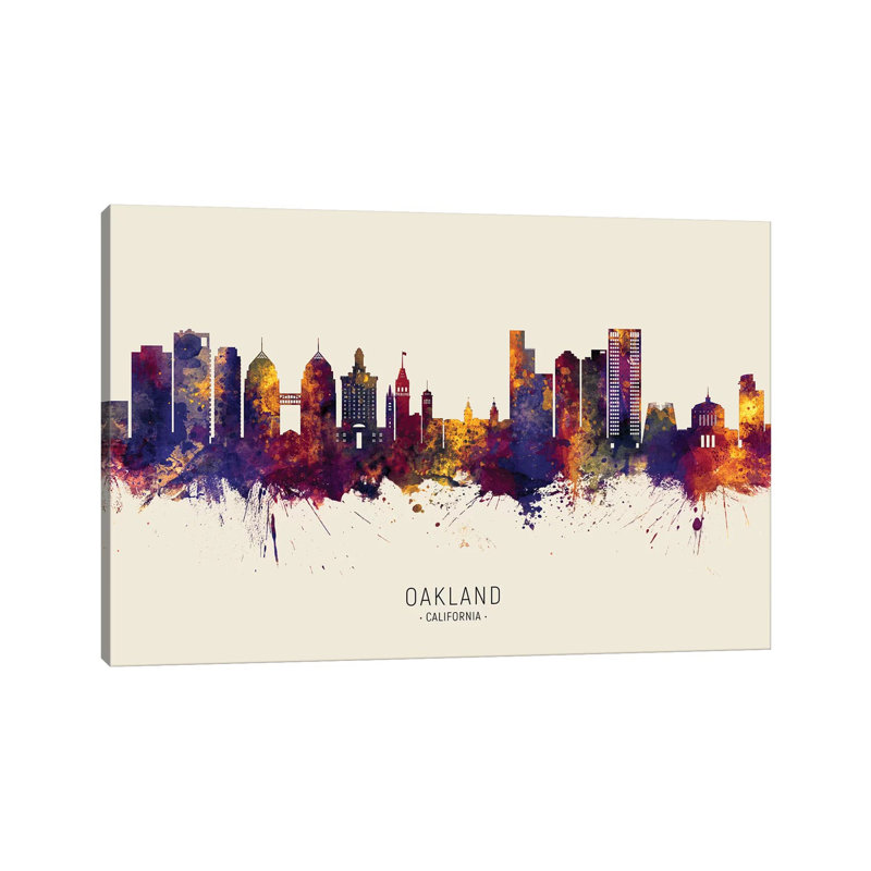 Oakland California Skyline Red Beige by Michael Tompsett - 1 Piece Wrapped Canvas Painting