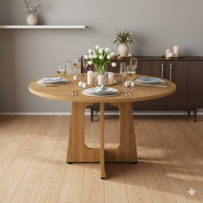Table de cuisine de ferme ronde de 47 pouces, plateau en panneau de fibres à densité moyenne avec finition chêne, supporte 300 lb, facile à assembler pour la salle à manger, la cuisine ou le salon - ton épicé