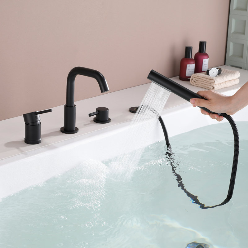 Solid Brass 2-Handle Deck Mounted Roman Tub Faucet With Handheld Shower, Matte Black