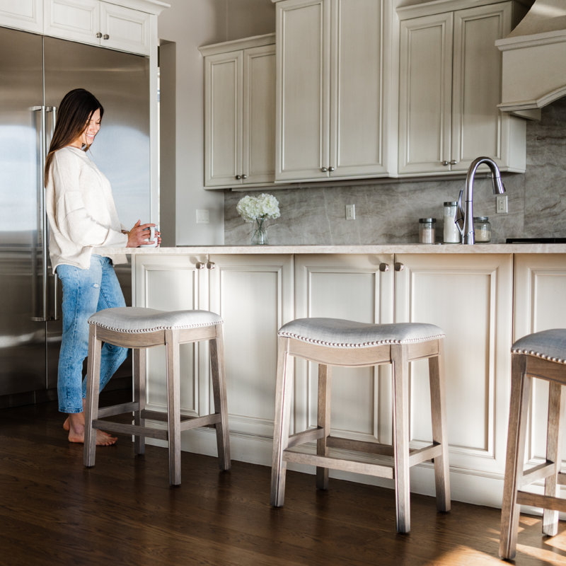 Maven Lane Adrien Backless Saddle Kitchen Stool with Fabric Upholstery, 1, Reclaimed Oak, Counter Stool (25.7" Seat Height)
