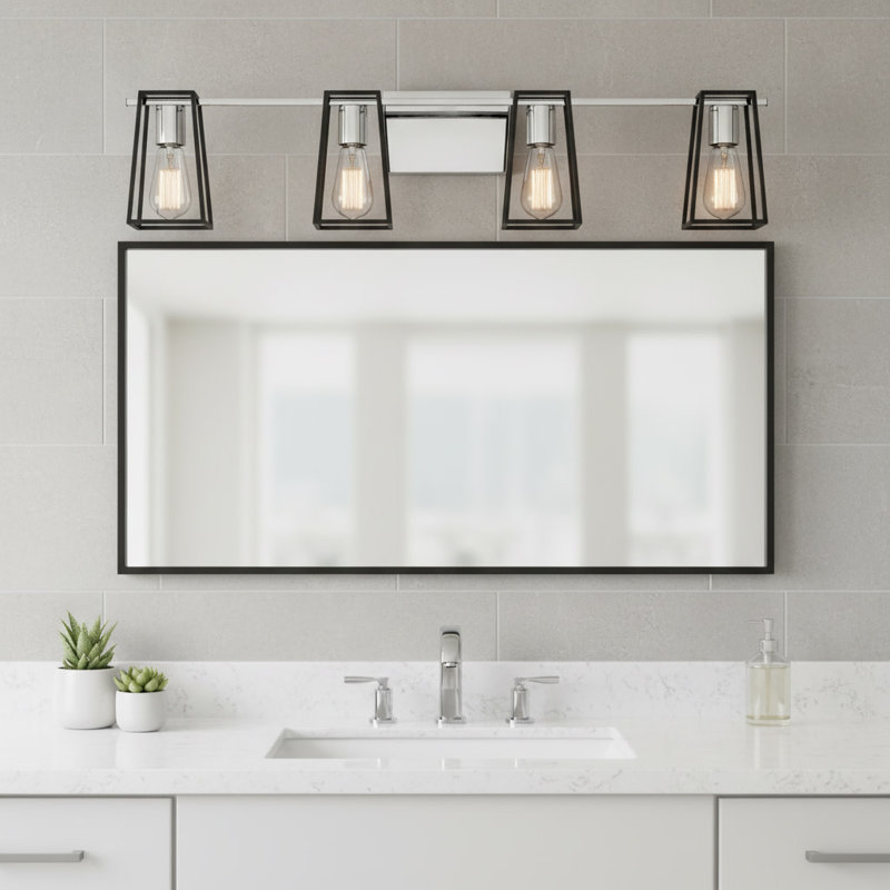 4-Light Open Cage Bath Vanity Fixture, Chrome/Satin Black