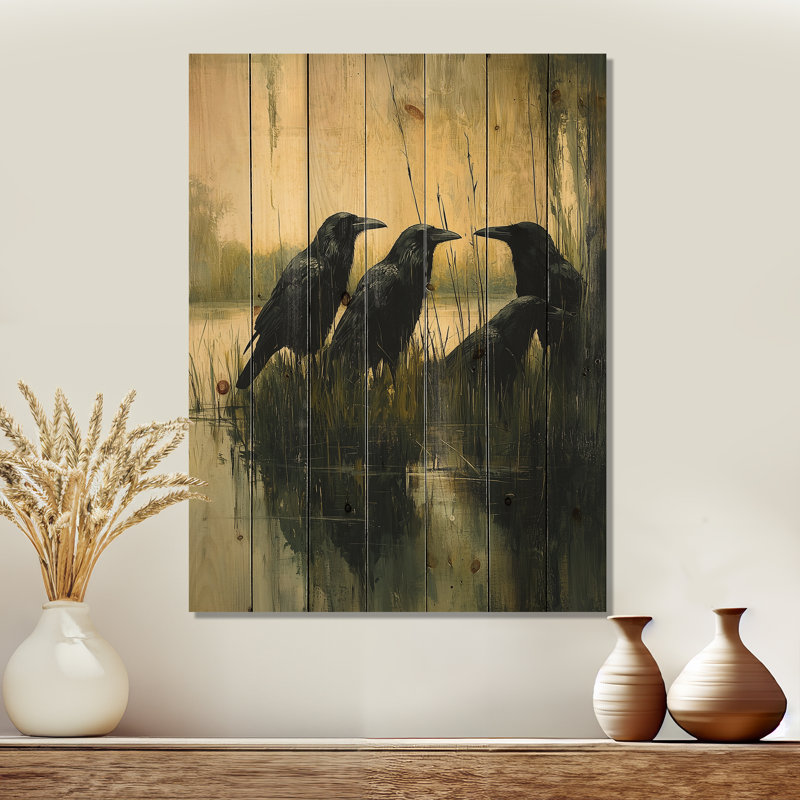 «Dark Crows By The Farm Pond», art mural en bois d'oiseau - sur bois de pin naturel, H 32 po x l 24 po x P 0,78 po