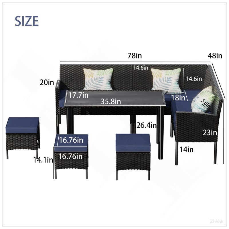 Ensemble de 7 pièces de mobilier d'extérieur pour petit patio, Bleu