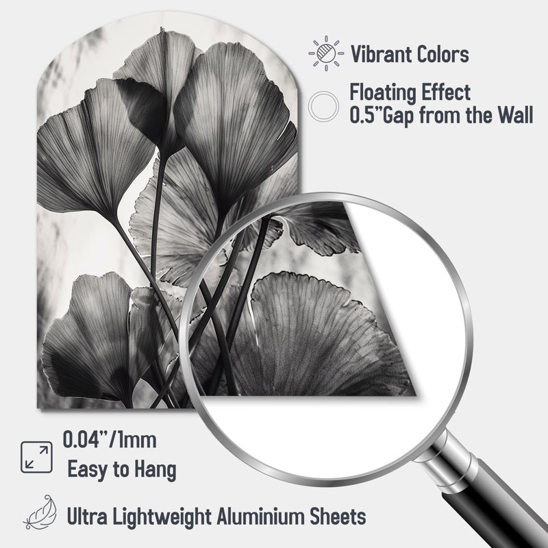 «Tropical Ginkgo Leaves II - Leaves Arch», impression murale en métal, décoration murale asymétrique en métal gris