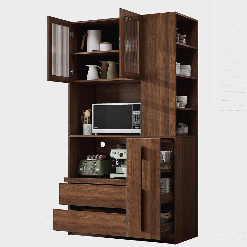 Armoire de cuisine de 70,87 po de hauteur avec tablette de rangement coulissante multifonctionnelle à plusieurs niveaux, tablette latérale à 4 niveaux, 2 tiroirs, avec porte vitrée, cloche à nourriture autoportante avec support pour micro-ondes