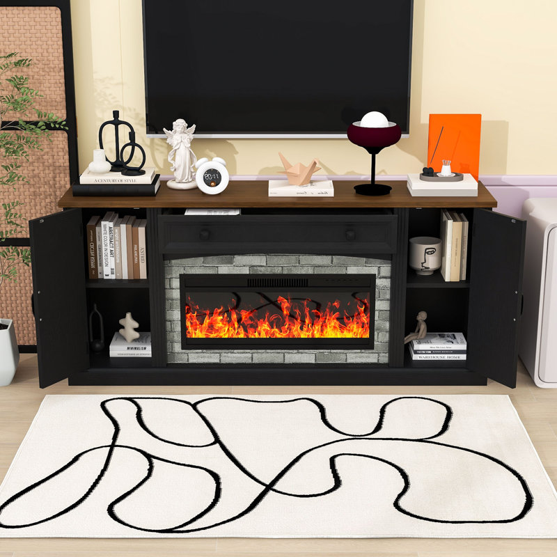 Meuble télé avec foyer électrique, chauffe-flammes multicolore, tablettes réglables et tiroir, Noir, Oui