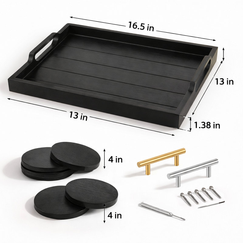 Ottoman Tray Large Wooden Serving With 2 Sets Of Handles For Coffee Table Rustic Living Room Kitchen Decor With 4 Round Coasters Included