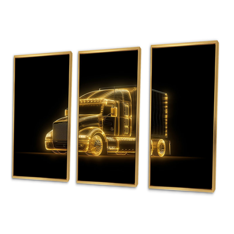 Neon Light Strips Trailer Truck - Car / Van, ensemble d'art sur toile, Cadre flottant doré, H 40 po x l 60 po x P 1 po
