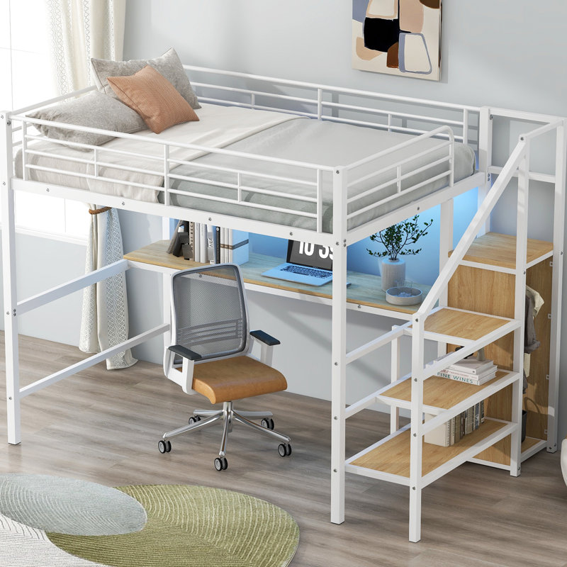 Lit mezzanine en métal blanc avec bureau intégré, escalier de rangement, garde-robe et éclairage à DEL coloré, structure solide pour lit de stabilité, garde-robe, 7 couleurs DEL, appartements