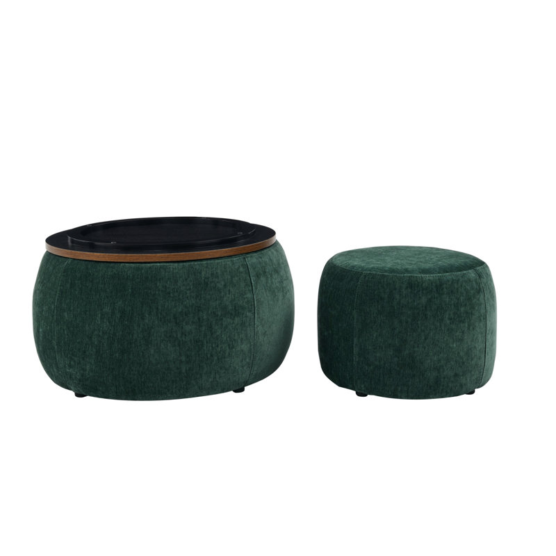 End Table, Round Storage Ottoman, Walnut, Green